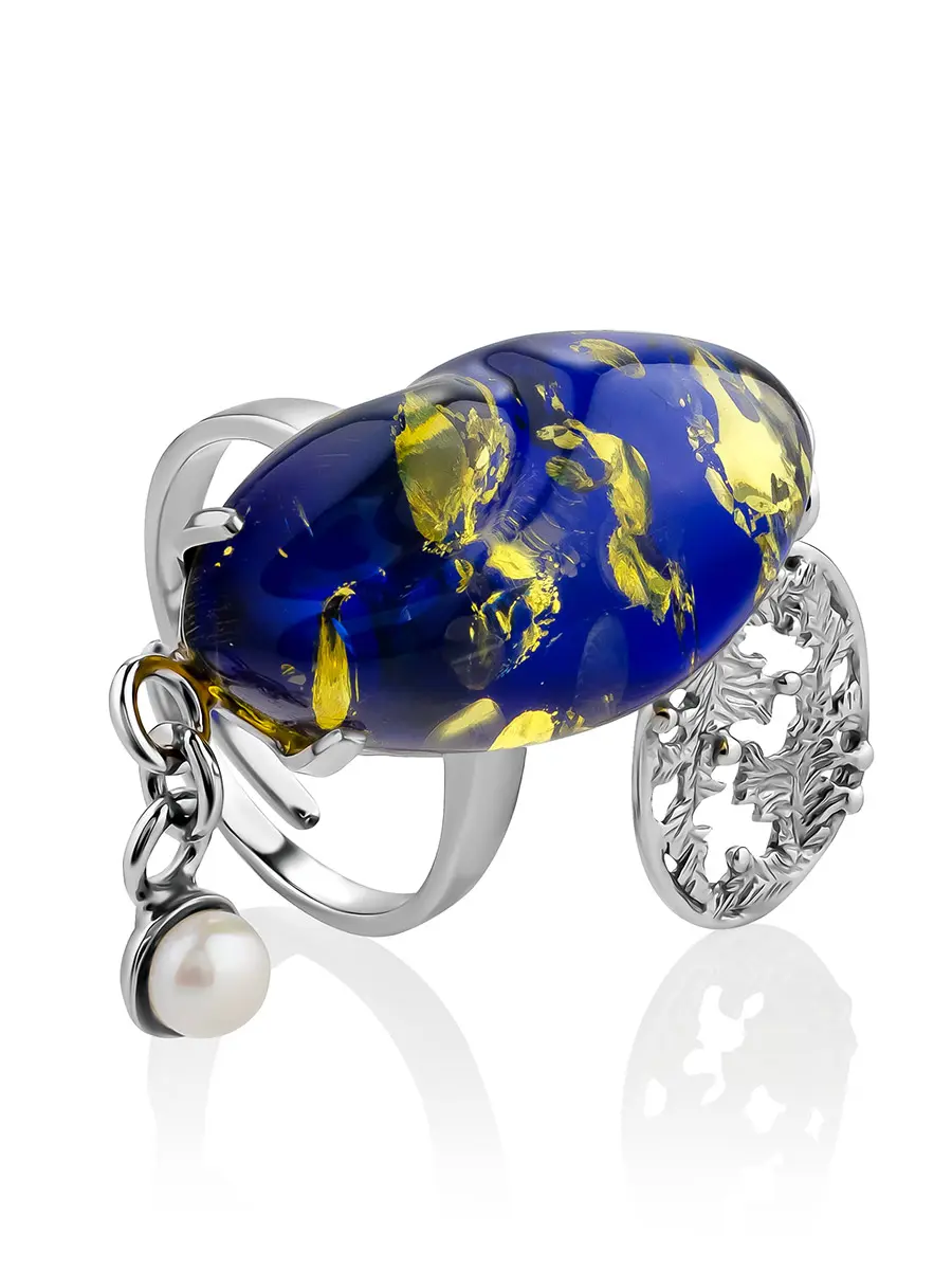 картинка Потрясающее кольцо с синим янтарём и подвесками «Версаль» в онлайн магазине