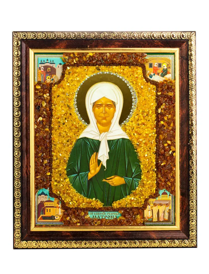 картинка Икона, украшенная янтарём «Святая блаженная старица Матрона» в онлайн магазине