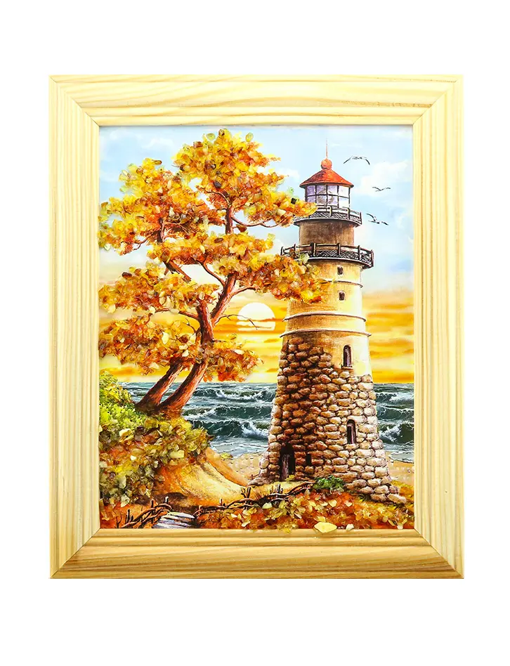 картинка «Парусник и белый маяк». Небольшая вертикально ориентированная картина, украшенная янтарем в онлайн магазине