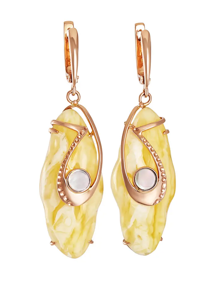 картинка Изысканные золотые серьги с натуральным янтарём и перламутром «Атлантида» в онлайн магазине