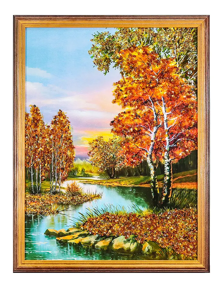 картинка Яркий пейзаж, украшенный натуральным янтарём «Звуки вечера» 43 см (В) х 33 см (Ш) в онлайн магазине