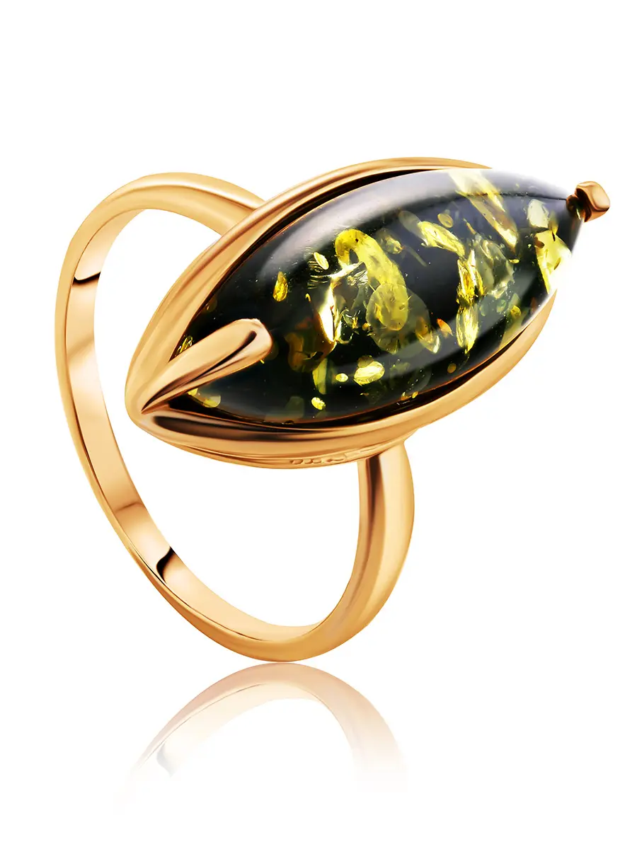 Кольцо из золота 585 пробы с крупной вставкой из натуральноготемно-зеленого янтаря «Страдивари» в интернет-магазине янтаря