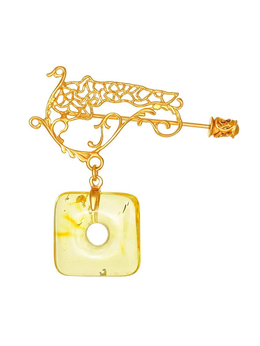 картинка Роскошная ажурная брошь с натуральным янтарём лимонного цвета «Донат» в онлайн магазине