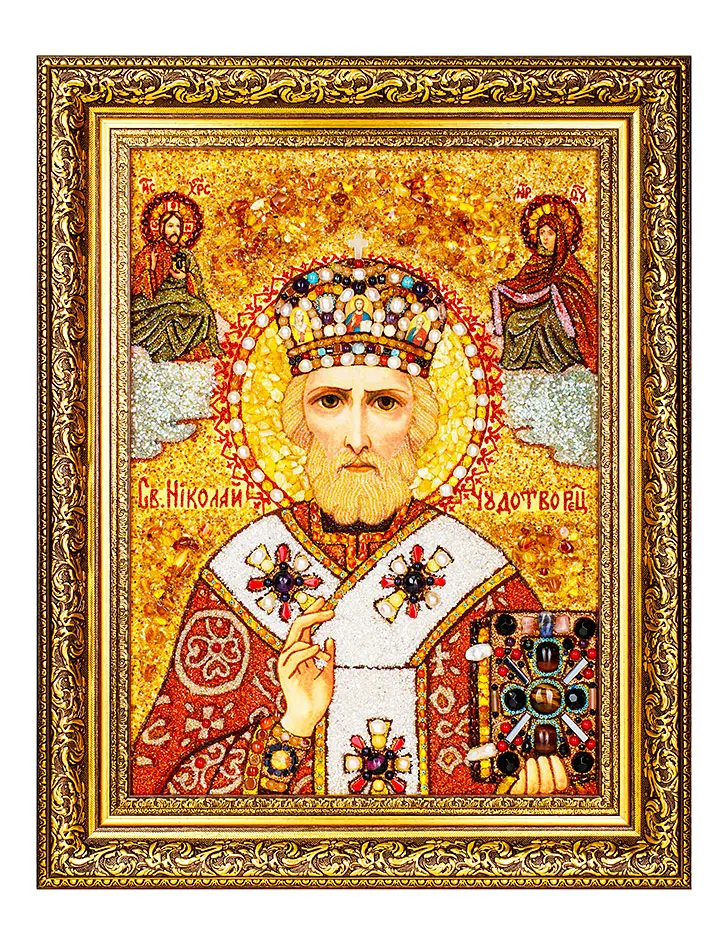 картинка Икона из янтаря с перламутром, жемчугом и самоцветами «Святой Николай Чудотворец» в онлайн магазине