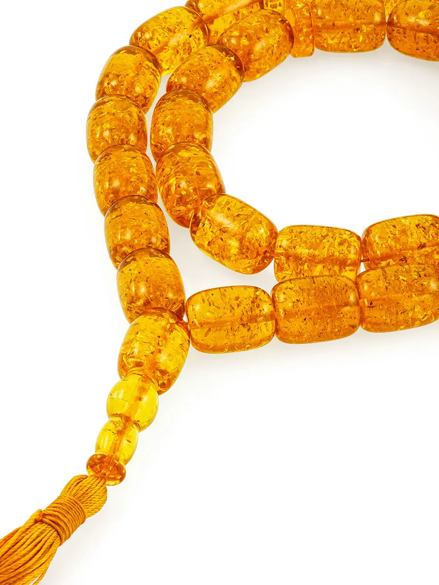 картинка Мусульманские четки на 33 бусины из формованного янтаря «Бочонок лимонный искрящийся» в онлайн магазине