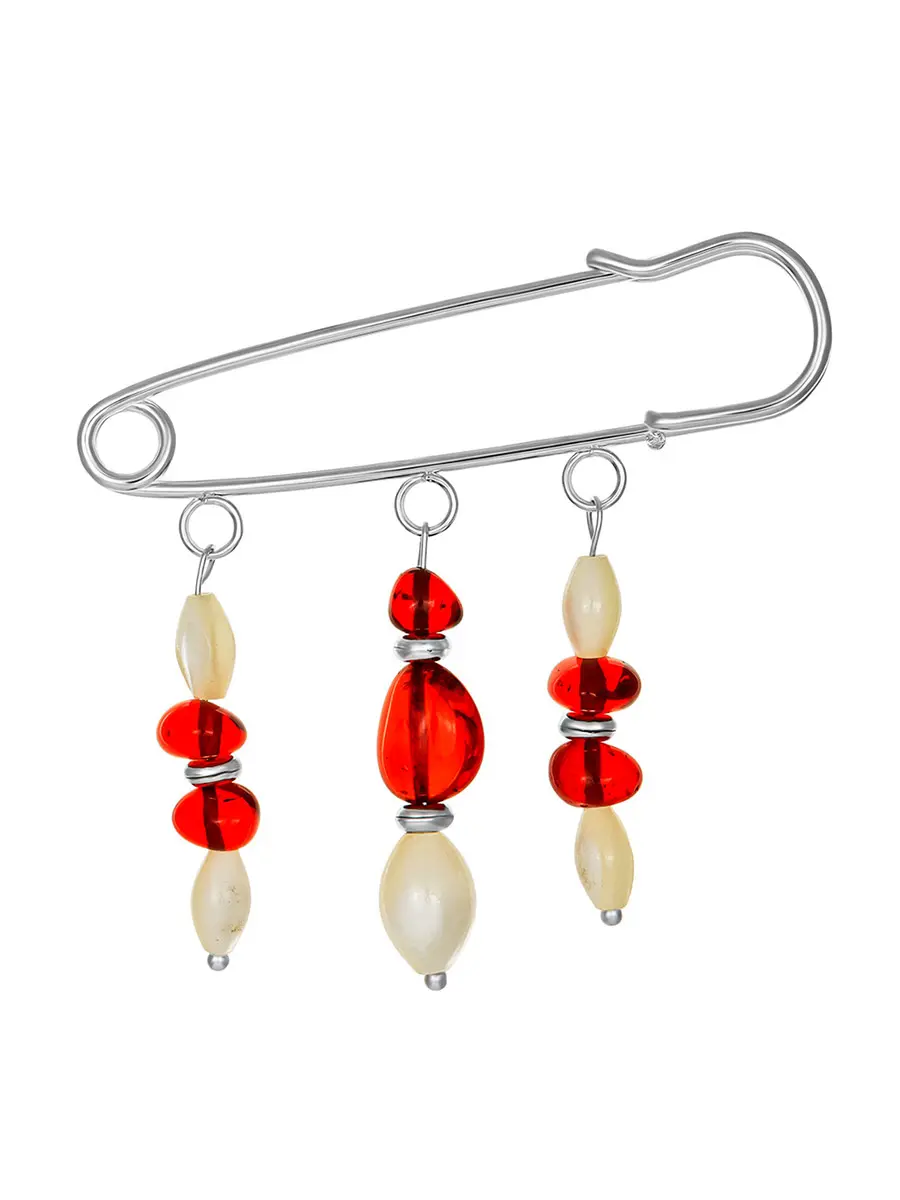 картинка Булавка-брошь с натуральным янтарём алого оттенка и бусинами в онлайн магазине