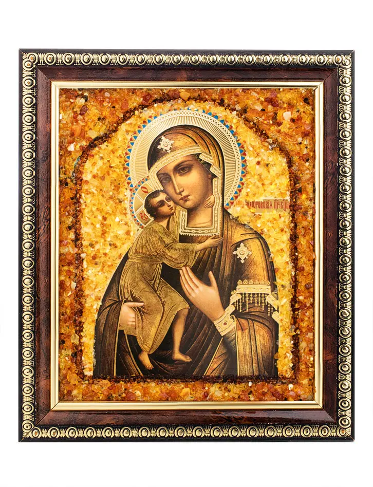 картинка Икона Богоматери «Фёдоровская», украшенная натуральным янтарём в онлайн магазине