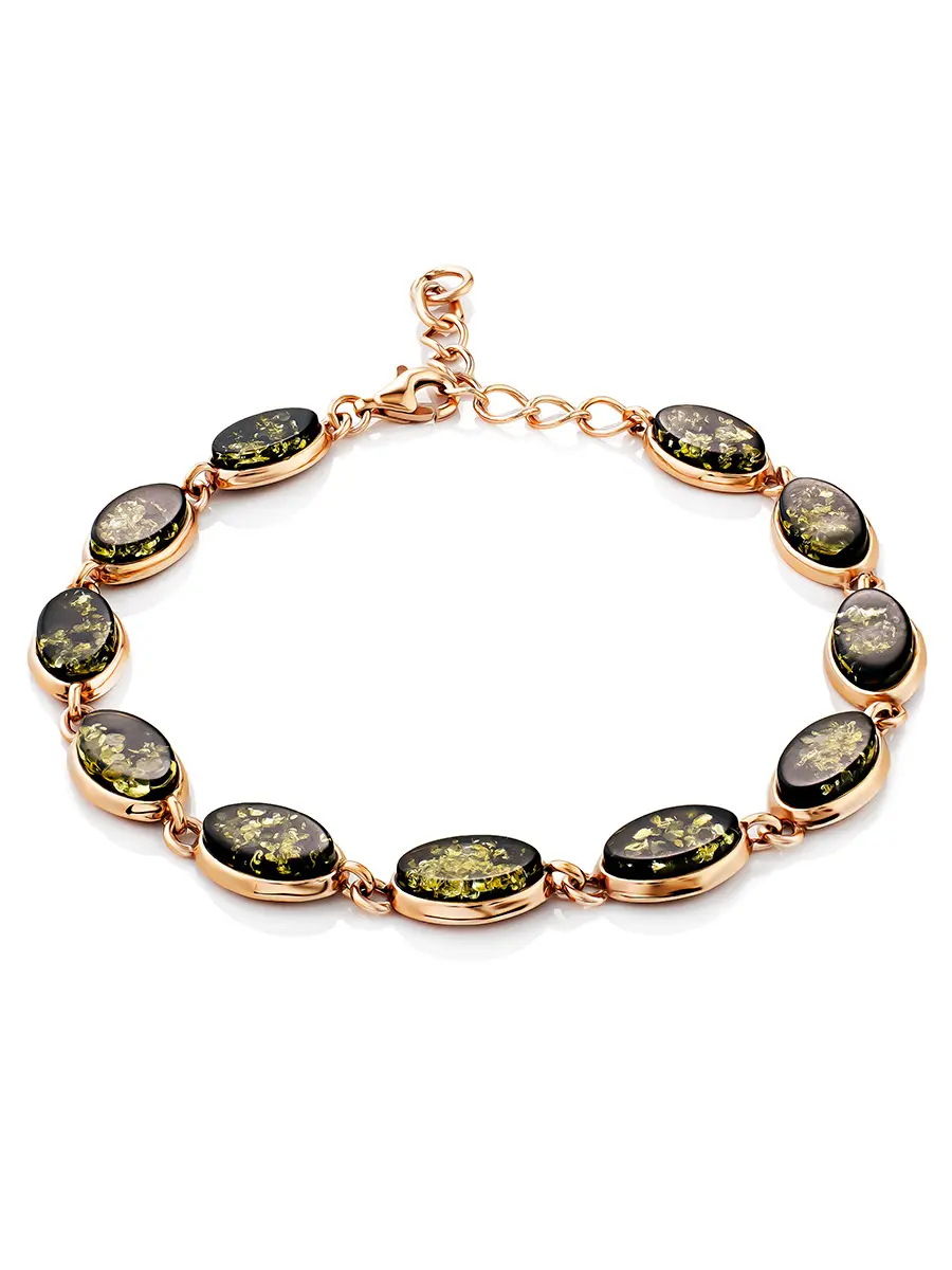 картинка Тонкий браслет из позолоченного серебра и янтаря зелёного цвета «Бенефис» в онлайн магазине