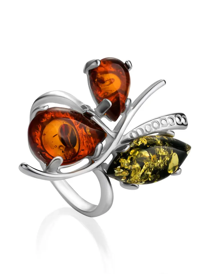 картинка Серебряное кольцо с натуральным балтийским янтарём коньячного и зелёного цветов «Магнолия» в онлайн магазине