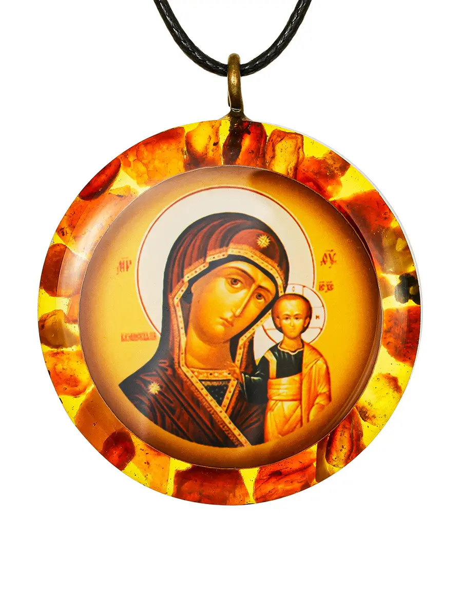 картинка Подвеска-иконка «Казанская Богоматерь» в янтарной оправе в онлайн магазине
