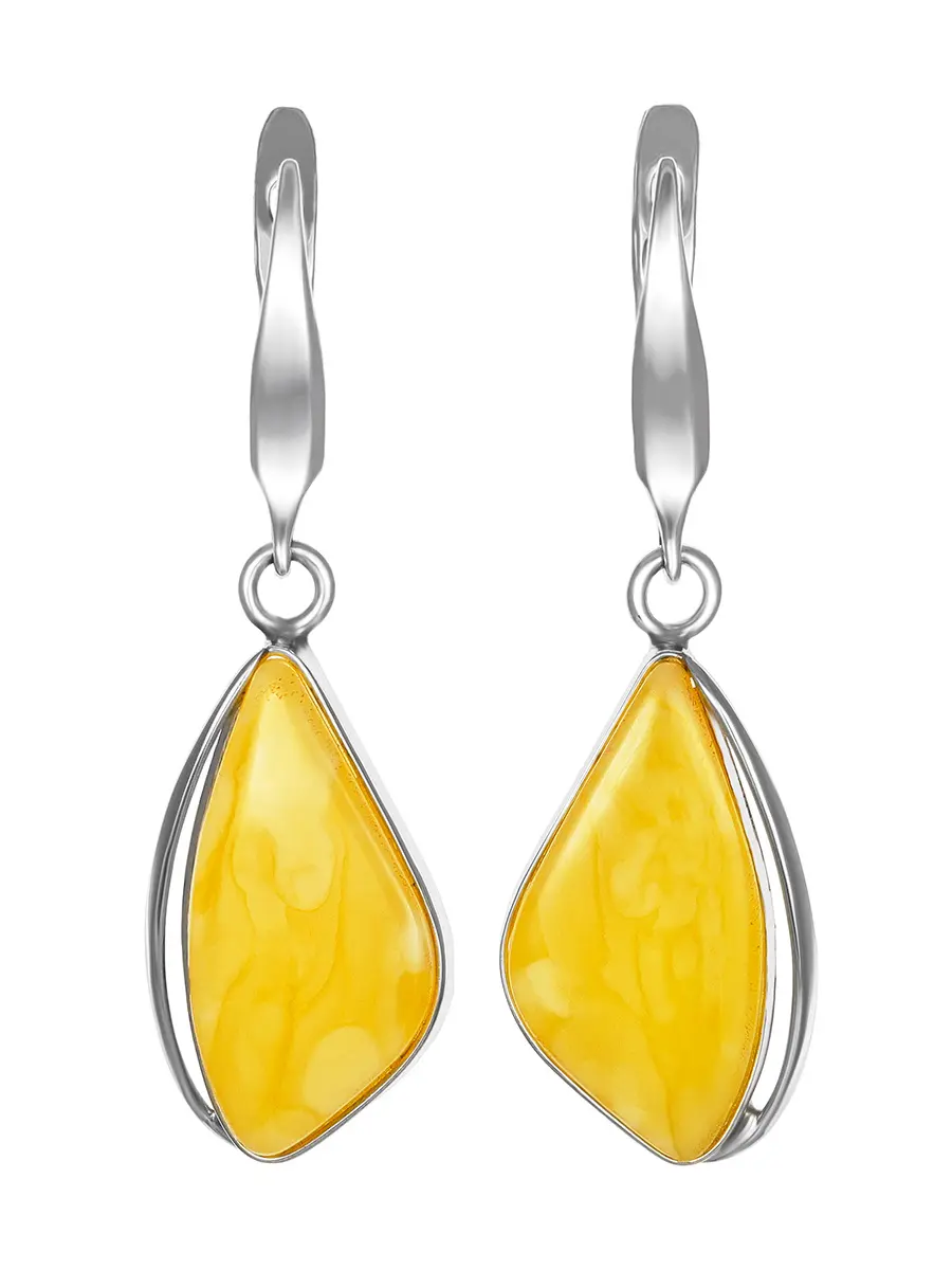 картинка Геометрические серьги из натурального янтаря медового цвета и серебра «Лагуна» в онлайн магазине