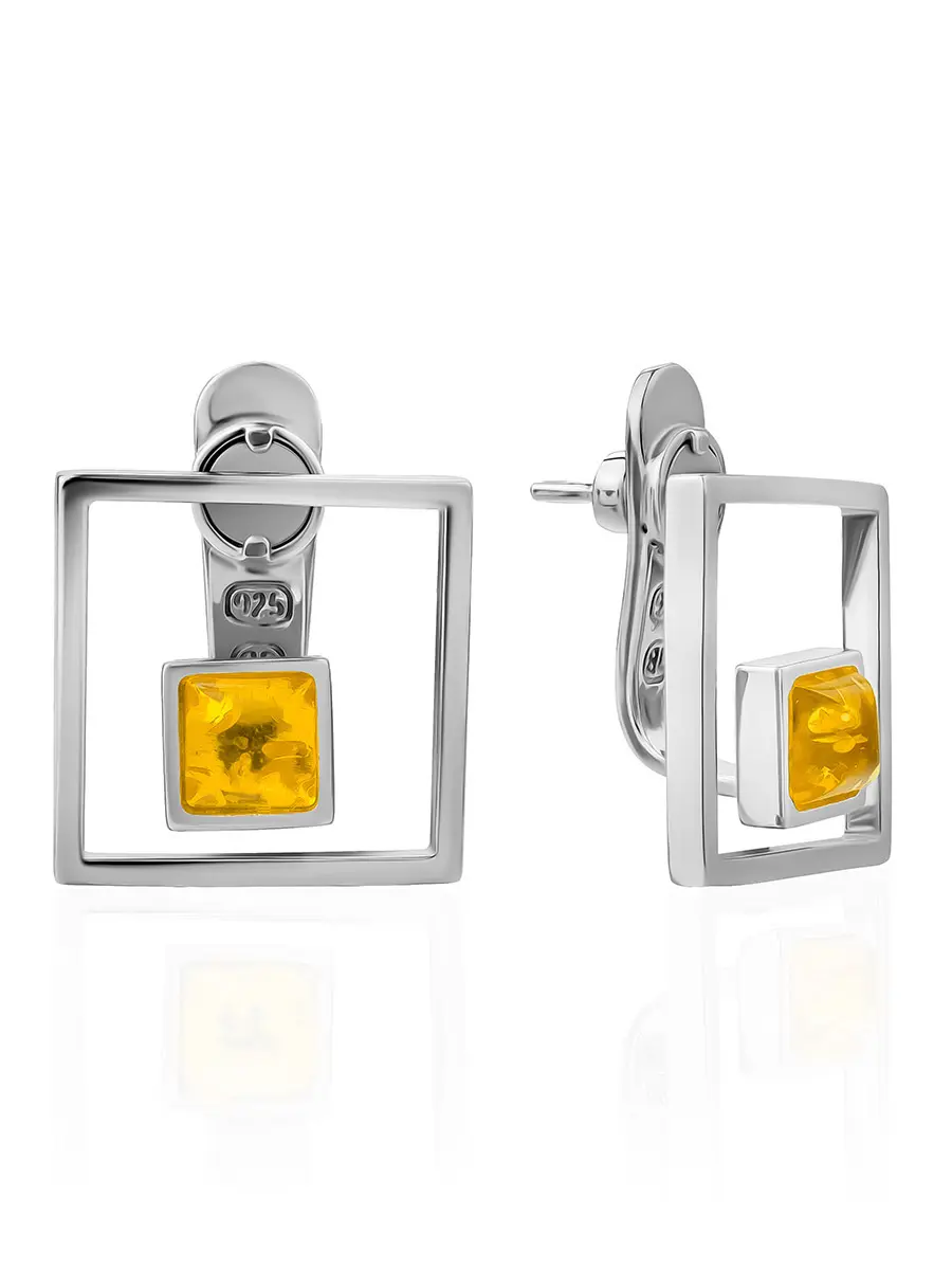 картинка Необычные серьги-гвоздики с натуральным лимонным янтарём «Гравитация» в онлайн магазине