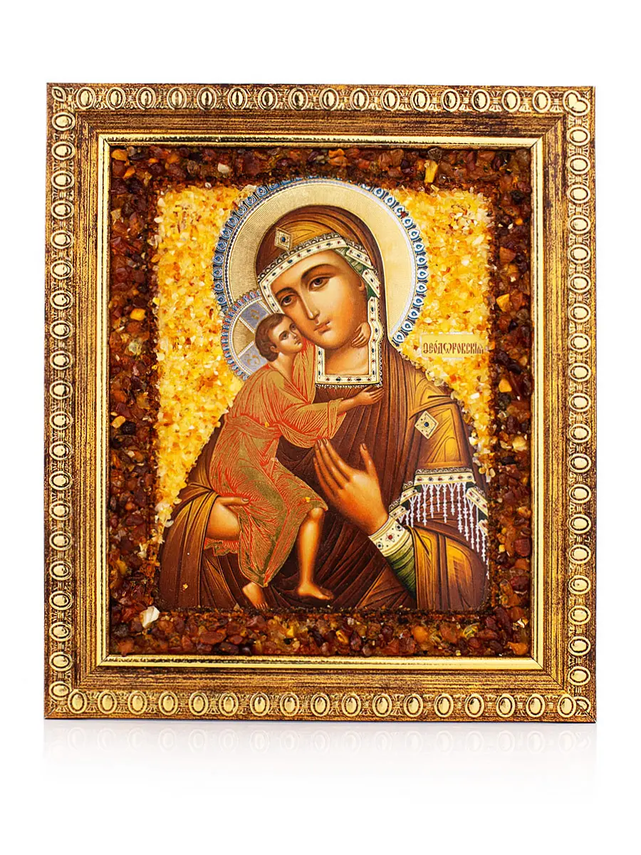 картинка Икона Богоматери «Фёдоровская», украшенная натуральным янтарём в онлайн магазине