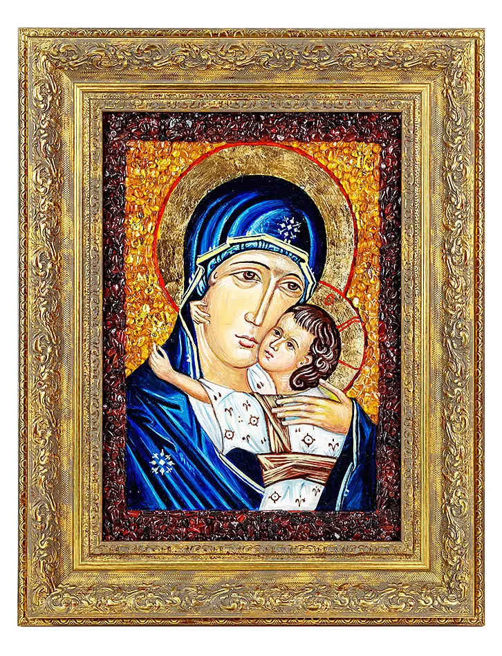 картинка Икона Божией Матери «Елеуса», украшенная натуральным янтарём в онлайн магазине