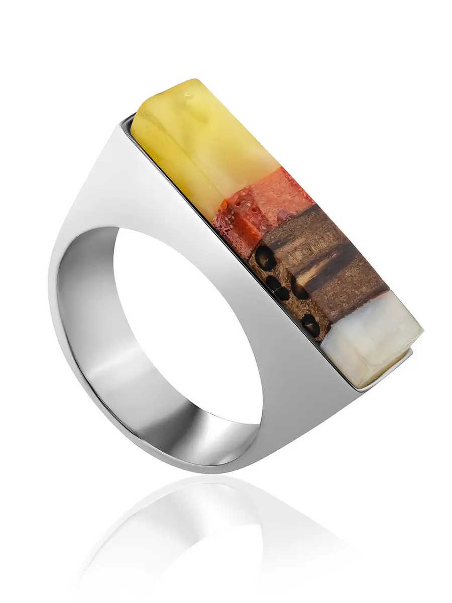 картинка Оригинальное кольцо London с мозаикой из дерева, янтаря, перламутра и коралла в онлайн магазине
