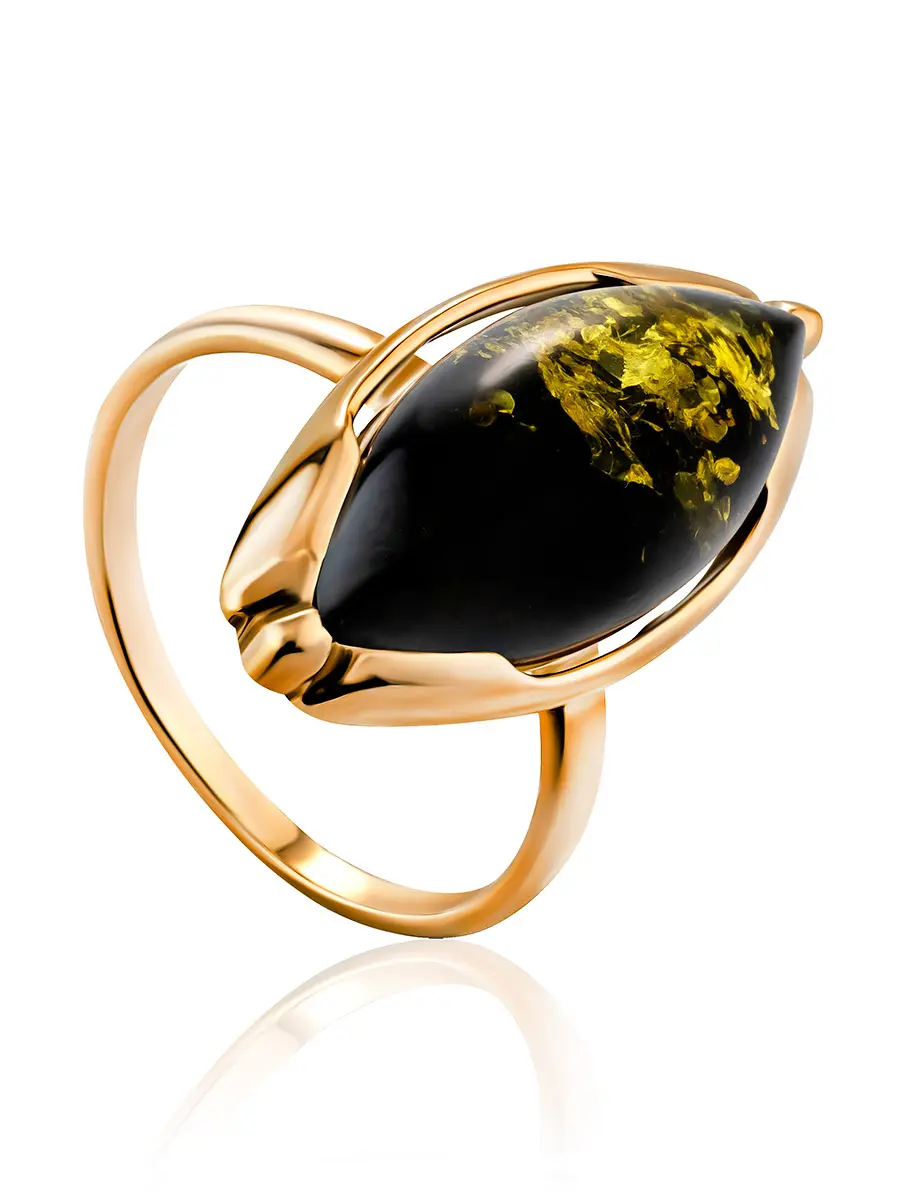 картинка Классическое кольцо из золочёного серебра с янтарём зелёного цвета «Баллада» в онлайн магазине