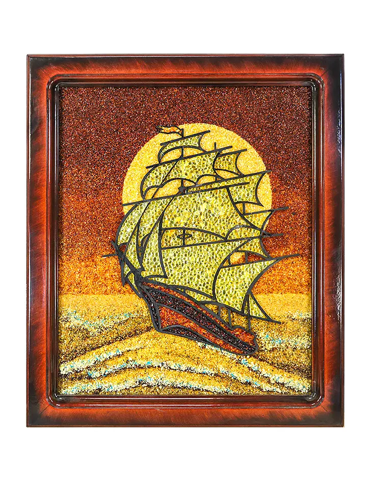картинка Декоративное панно с морским пейзажем из натурального янтаря «Парусник ночью» 51 (В) х 43 (Ш) в онлайн магазине