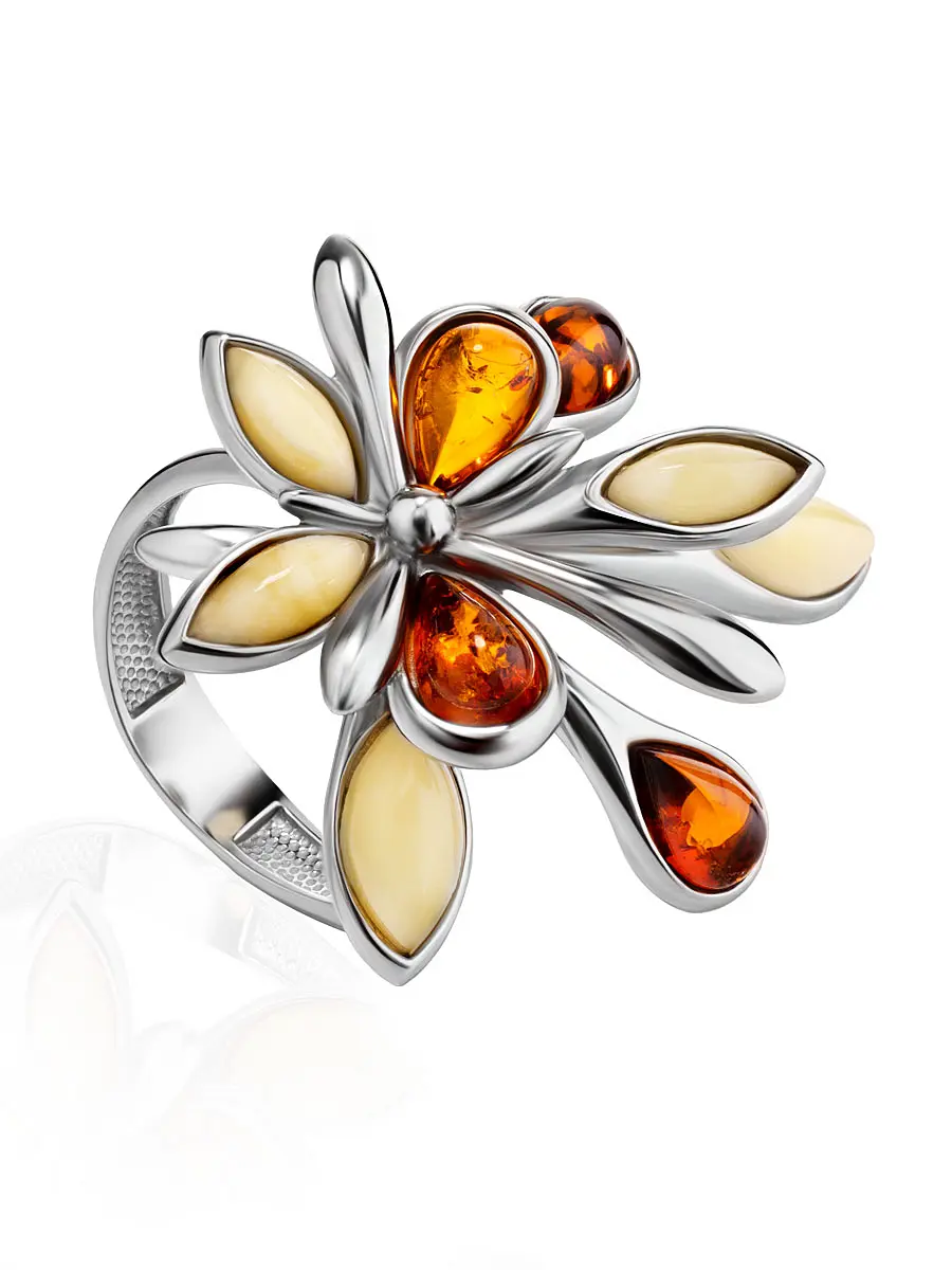 картинка Роскошное кольцо из серебра с коньячным и медовым янтарем «Георгина» в онлайн магазине
