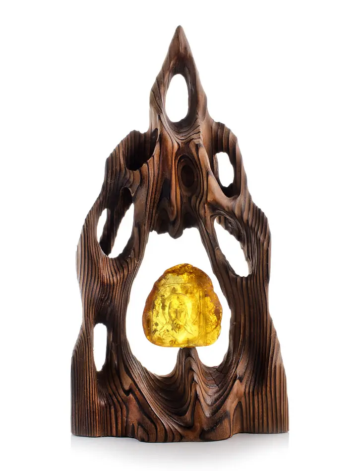 картинка Резная янтарная икона в деревянном обрамлении «Спас» в онлайн магазине