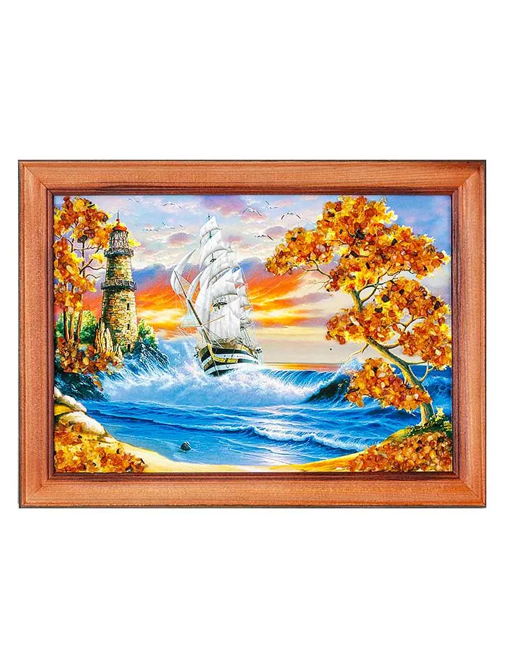 картинка Маринистический пейзаж, украшенный натуральным янтарём «Краски моря» 17 см (В) х 24 см (Ш) в онлайн магазине