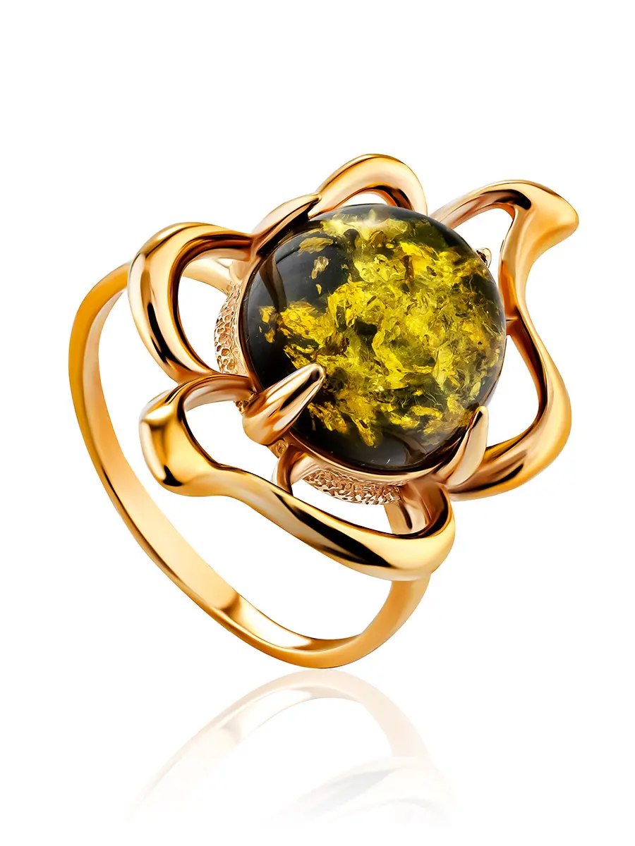 картинка Ажурное кольцо «Юнона» из золота и натурального зелёного янтаря в онлайн магазине