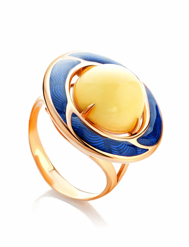 картинка Эффектное элегантное кольцо «Ампир» из серебра в золоте и янтаря в онлайн магазине