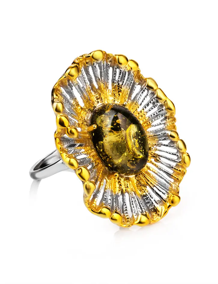 картинка Роскошное кольцо из позолоченного серебра и янтаря зелёного цвета «Бахчисарай» в онлайн магазине