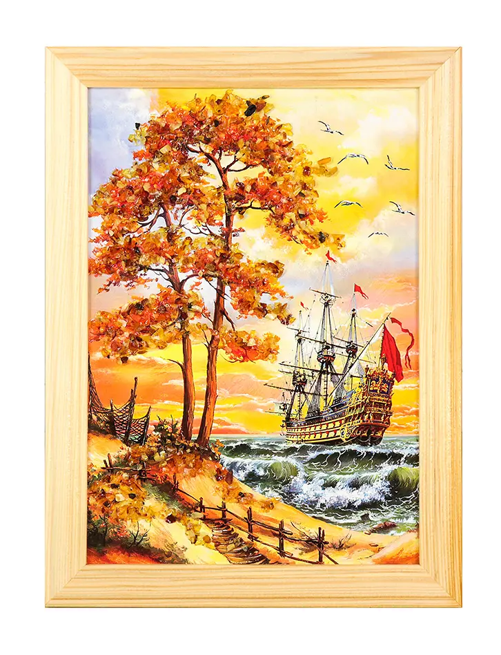 картинка Маринистический пейзаж с натуральным балтийским янтарём «Алые паруса» 24 (В) х 17 (Ш) в онлайн магазине