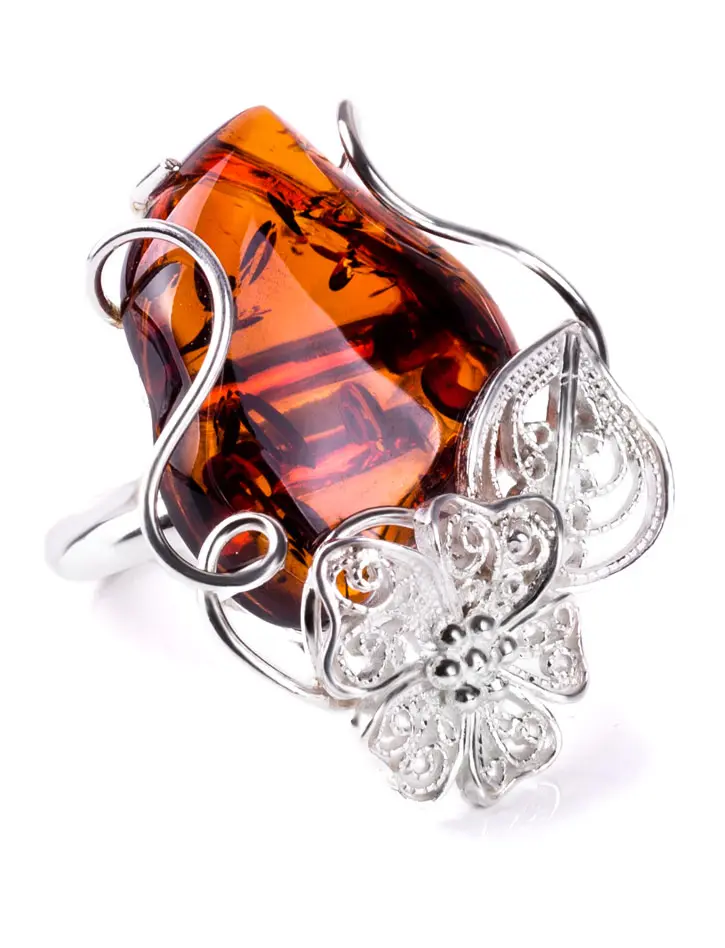 картинка Нарядное серебряное кольцо с натуральным коньячным янтарем «Филигрань» в онлайн магазине