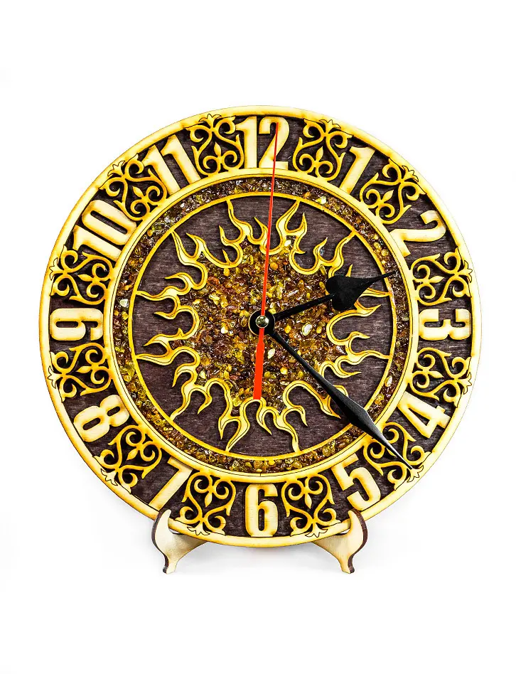 картинка Резные деревянные часы, украшенные натуральным янтарём в онлайн магазине