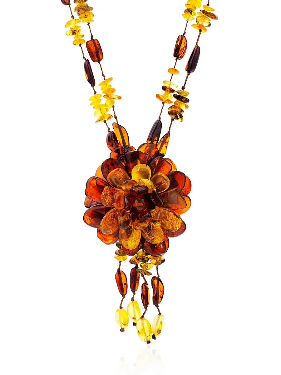 картинка Колье из натурального янтаря двух цветов с крупным цветком «Анемон» в онлайн магазине
