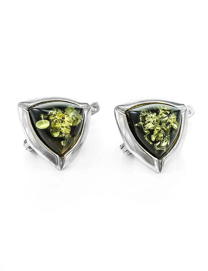 картинка Эффектные серьги из серебра со вставками из натурального зелёного янтаря «Мистраль» в онлайн магазине
