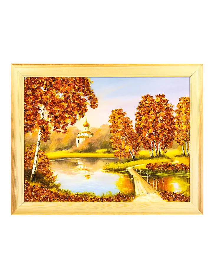 картинка Горизонтальная картина с кусочками натурального янтаря «Храм у лесного озера» в онлайн магазине