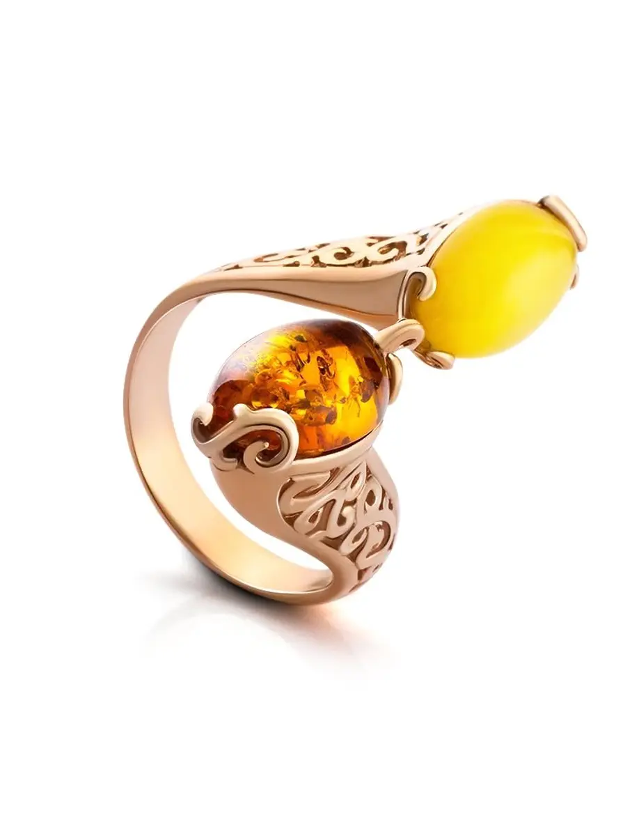картинка Эффектное кольцо из позолоченного серебра и натурального янтаря двух оттенков «Касабланка» в онлайн магазине