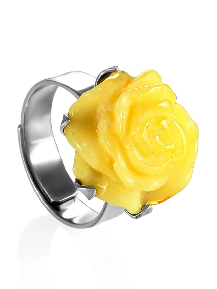 картинка Роскошное кольцо с натуральным балтийским янтарём коньячного цвета «Роза» в онлайн магазине
