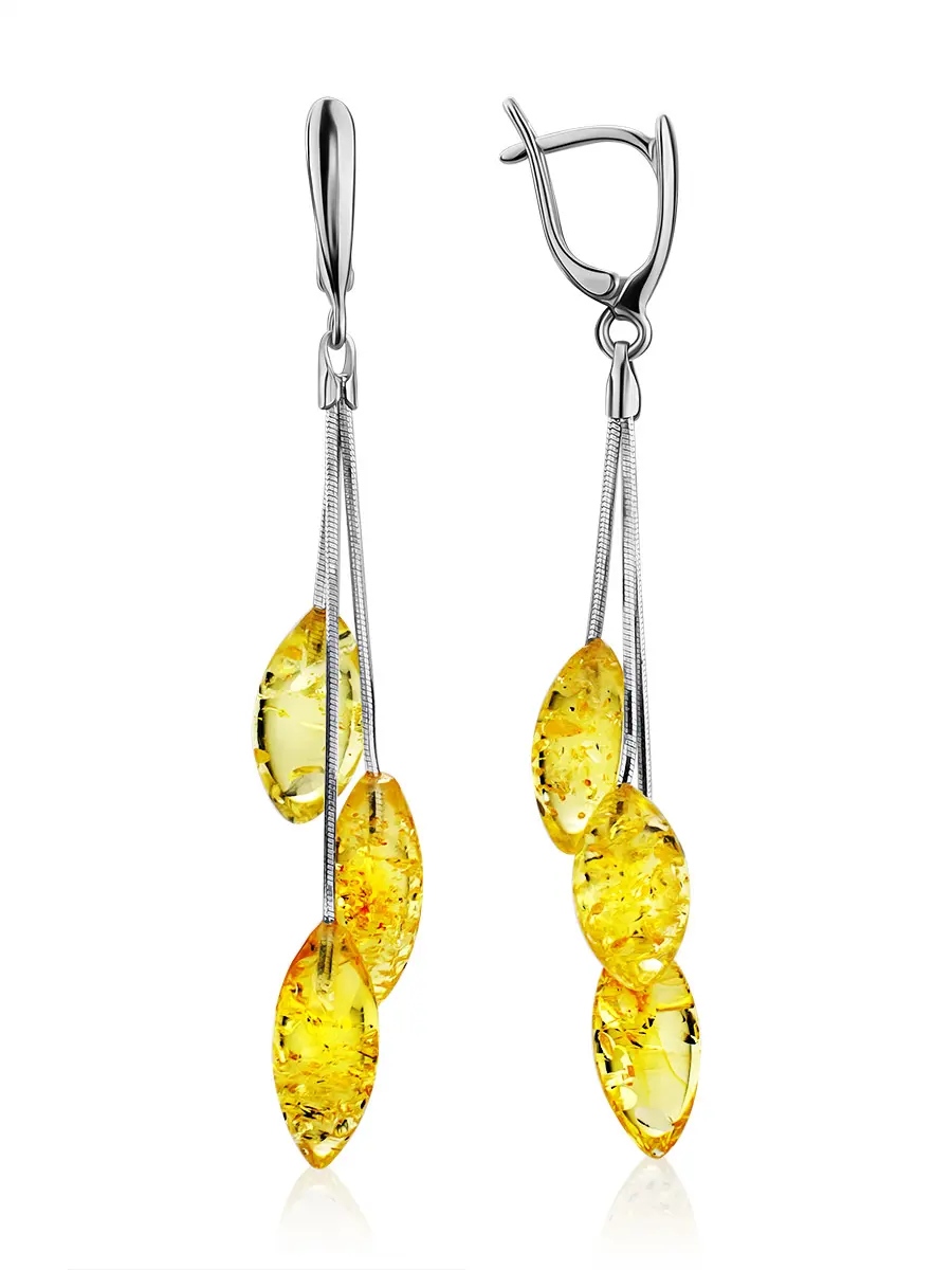 картинка Изящные серьги «Оливка» из натурального янтаря лимонного цвета и серебра в онлайн магазине