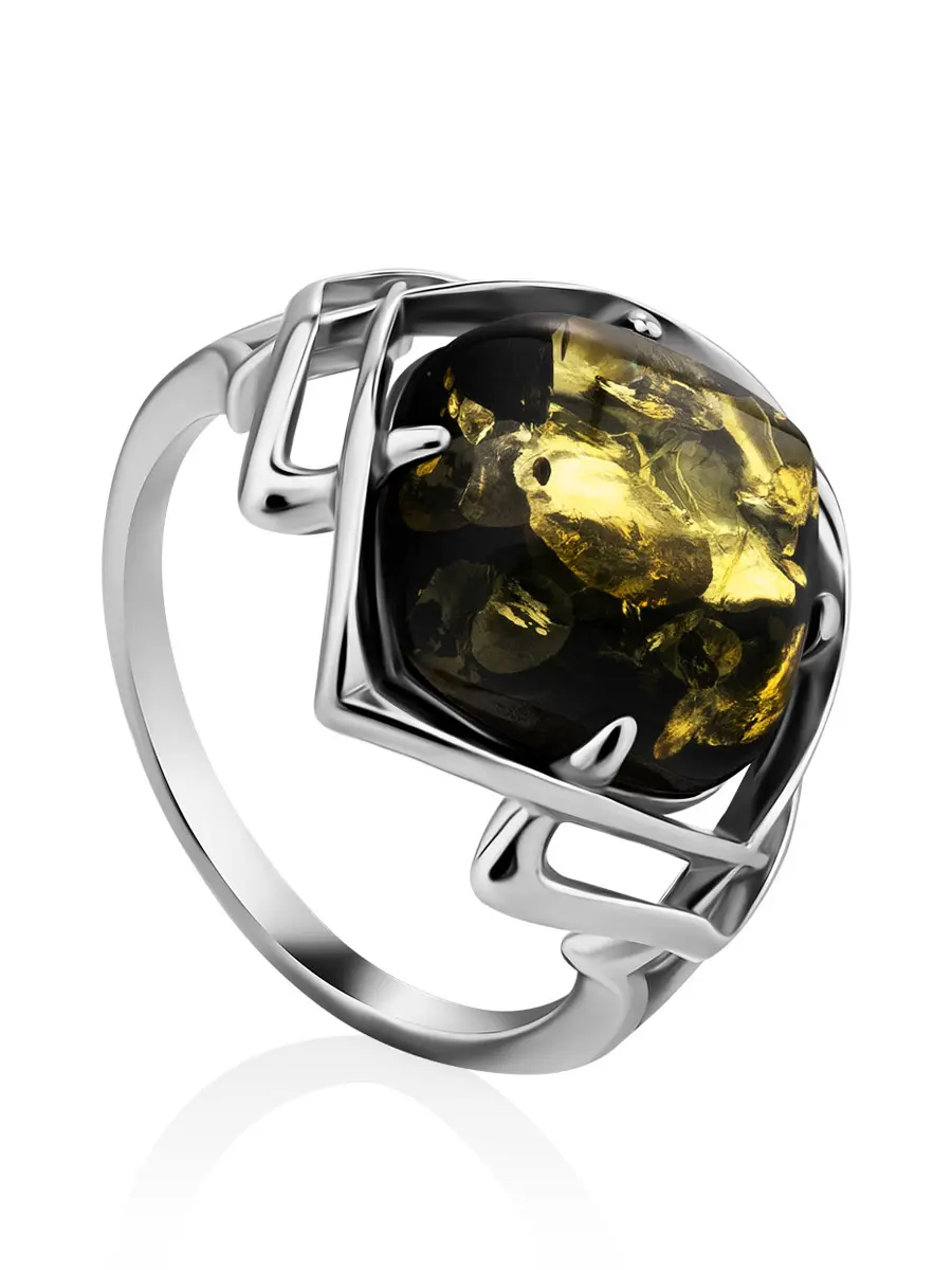 картинка Стильное серебряное кольцо с натуральным зелёным янтарём «Астория» в онлайн магазине