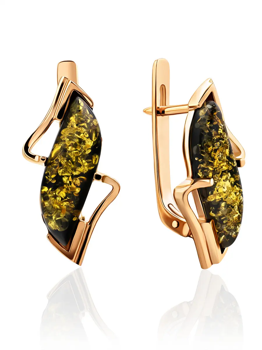 картинка Элегантные серьги из золота и натурального балтийского янтаря зелёного цвета «Веста» в онлайн магазине