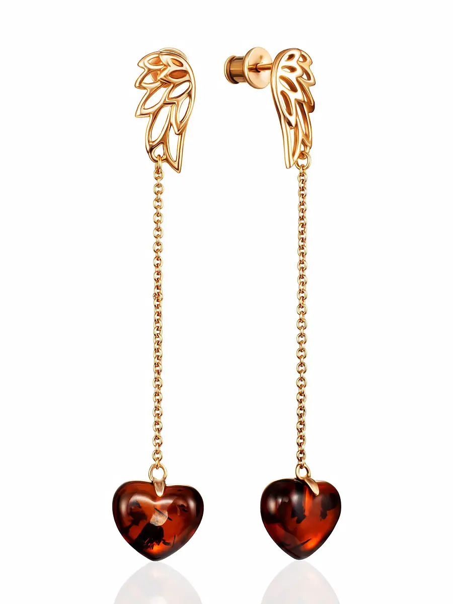 картинка Позолоченные серьги-цепочки с натуральным вишнёвым янтарём «Сердце» в онлайн магазине