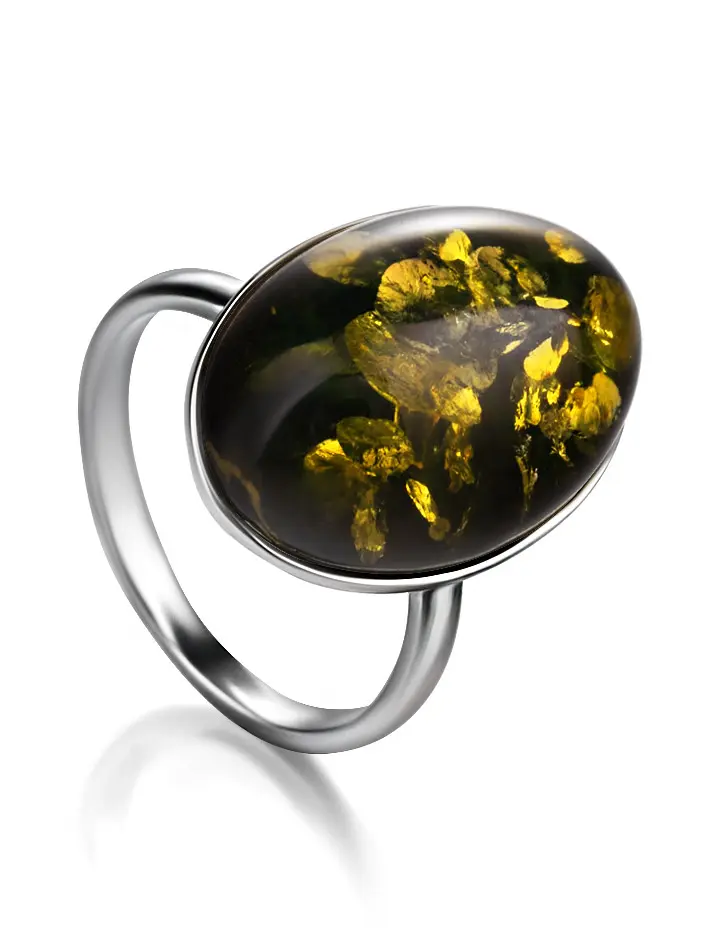 картинка Кольцо «Годжи» из серебра натурального янтаря тёмно-зелёного цвета в онлайн магазине