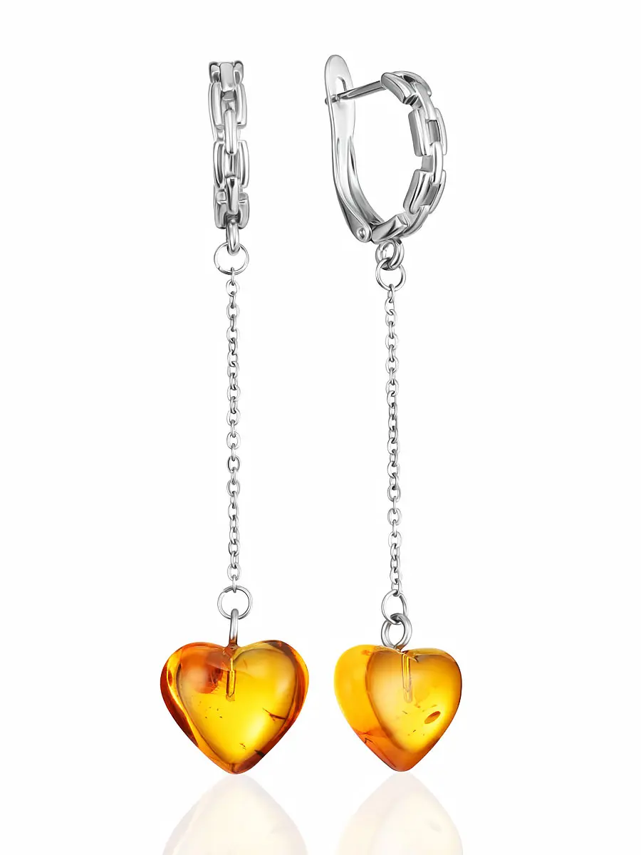 картинка Удлинённые серьги-цепочки с янтарными сердечками в онлайн магазине