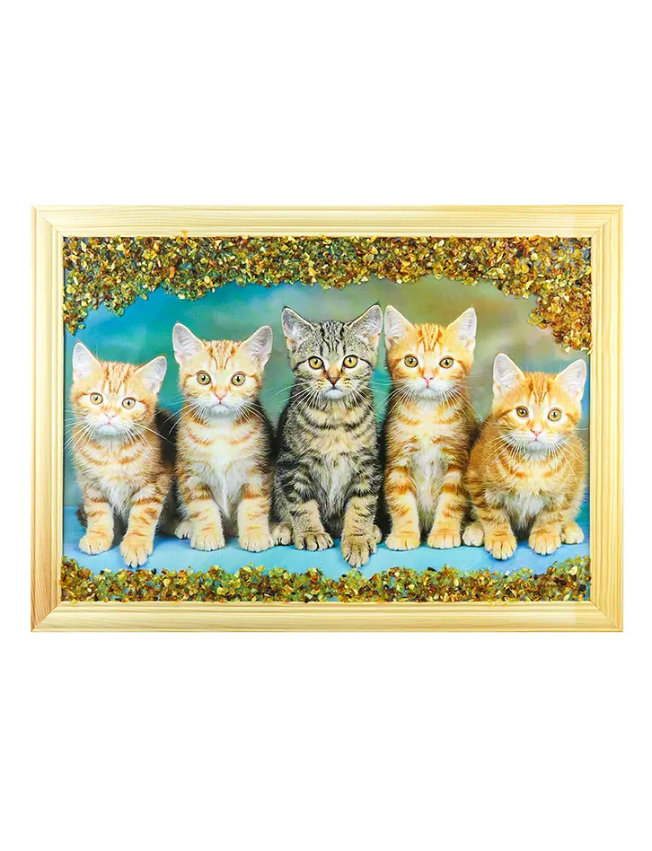 картинка Горизонтальная картина «Пятеро котят», украшенная янтарём  в онлайн магазине
