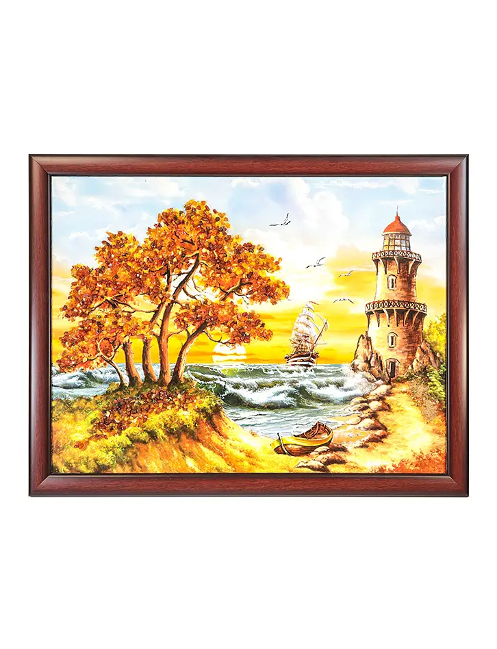 картинка Горизонтально ориентированное панно «Маяк», украшенное россыпью натурального янтаря в онлайн магазине