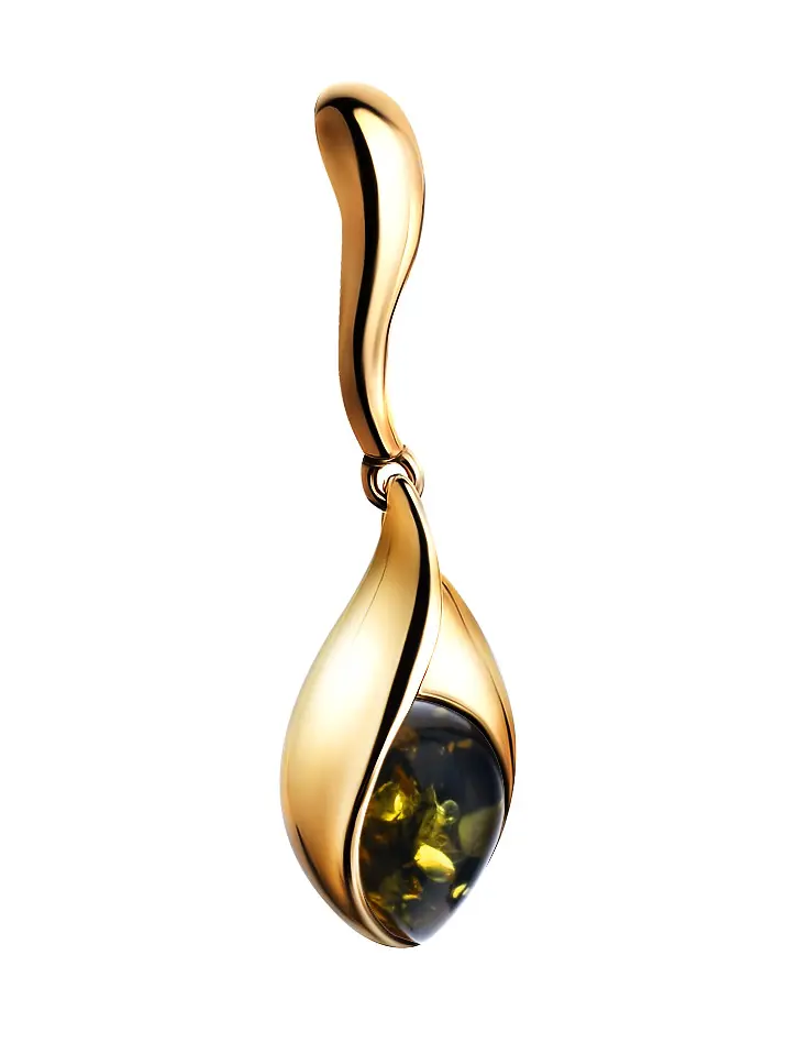 картинка Удлинённый кулон из золочённого серебра и зелёного янтаря «Пион» в онлайн магазине