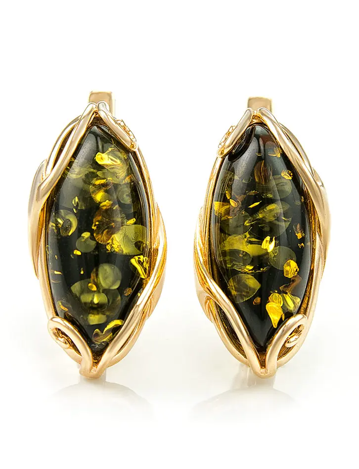картинка Элегантные серьги «Рококо» из золота и натурального янтаря зелёного цвета в онлайн магазине
