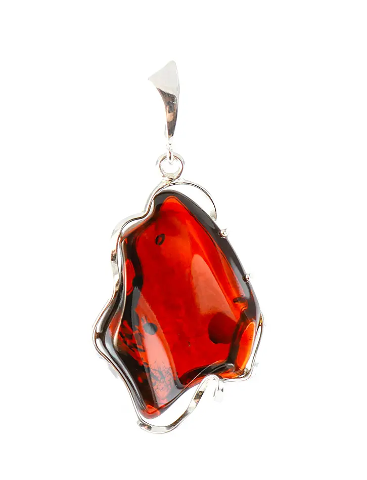 картинка Крупная подвеска из красивого глянцевого янтаря вишневого цвета в серебре «Лагуна» в онлайн магазине