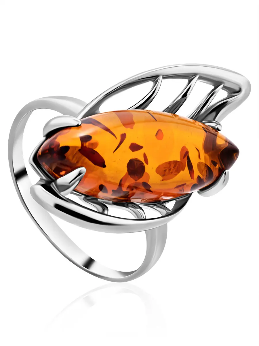 картинка Эффектное кольцо из серебра и натурального янтаря коньячного цвета «Росянка» в онлайн магазине