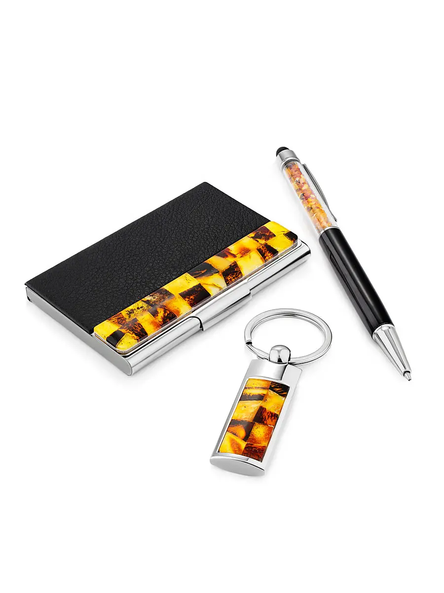 картинка Подарочный набор из ручки, визитницы и брелока, украшенных янтарной мозаикой в онлайн магазине