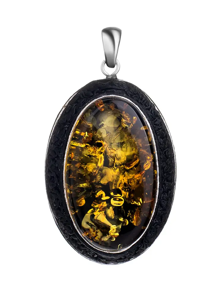 картинка Яркий кулон из кожи и натурального искрящегося янтаря «Нефертити» в онлайн магазине