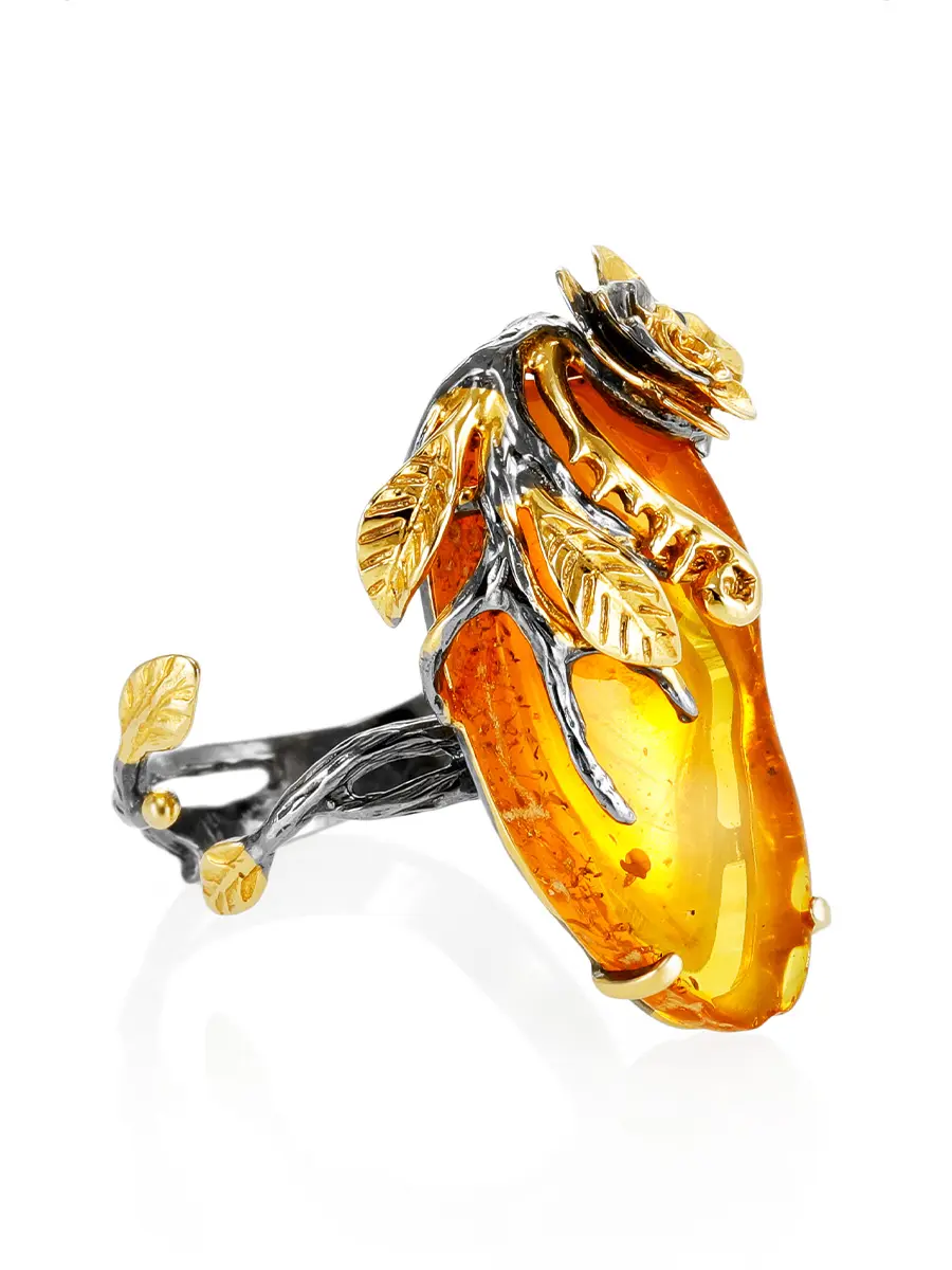 картинка Эффектное кольцо из янтаря золотистого цвета в серебре с позолотой «Колибри» в онлайн магазине
